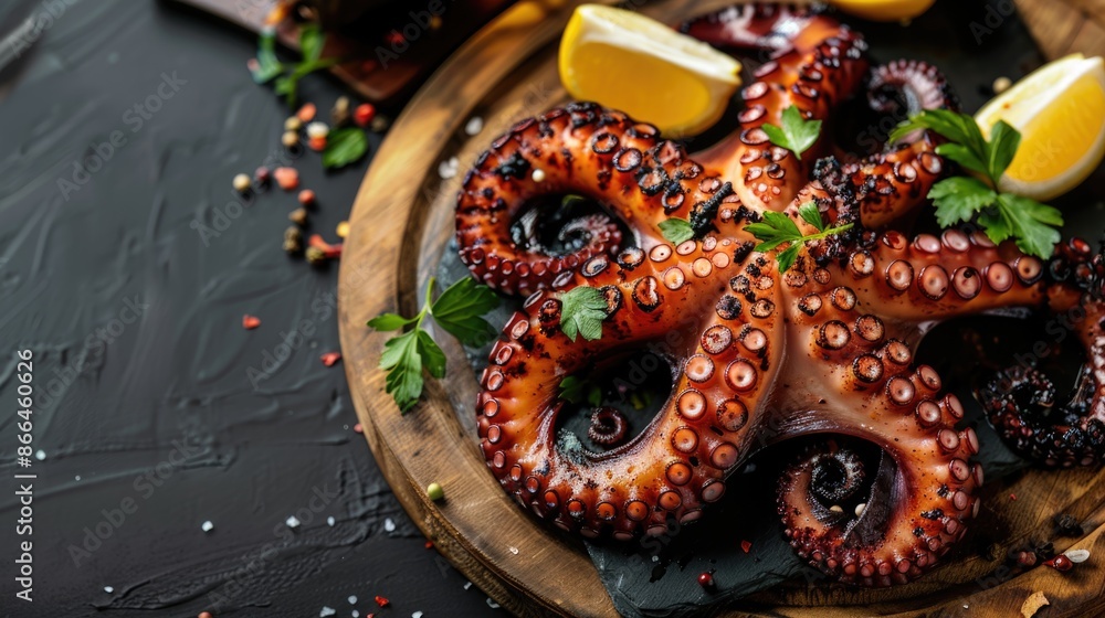 Top view of grilled octopus tentacles on a wooden plate, top view, food image. Top view of grilled octopus tentacles on a wooden plate, top view, food image.
