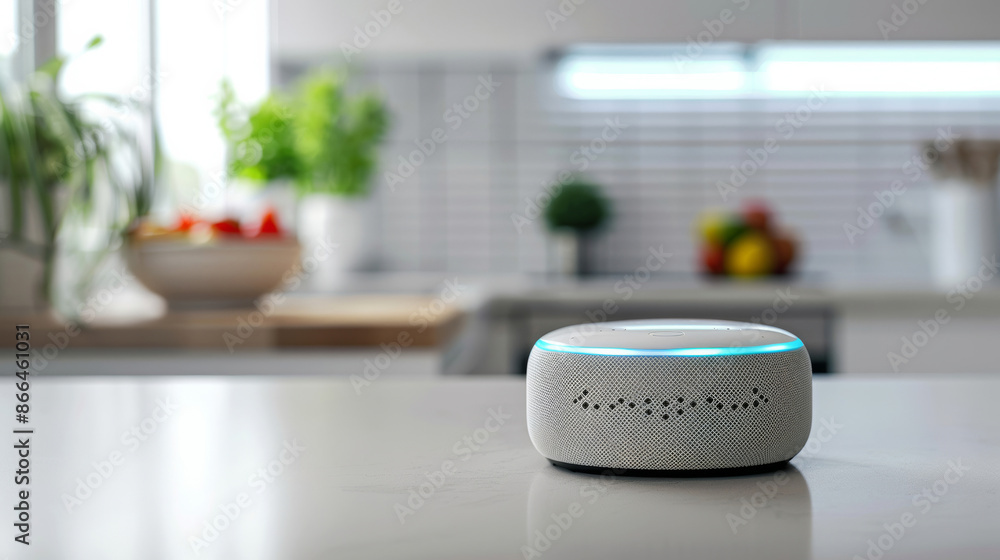 A voice-activated assistant device on a kitchen counter, showing senior-friendly commands on a display screen A voice-activated assistant device on a kitchen counter, showing senior-friendly commands on a display screen