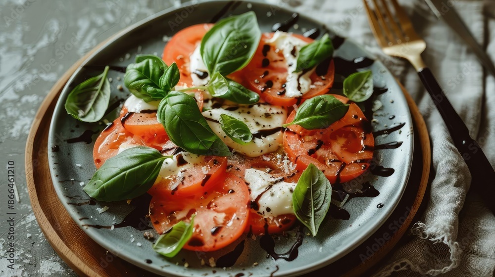 Fresh caprese salad with tomatoes, mozzarella, basil leaves, and balsamic drizzle on a plate, perfect for a healthy meal or appetizer. Fresh caprese salad with tomatoes, mozzarella, basil leaves, and balsamic drizzle on a plate, perfect for a healthy meal or appetizer.