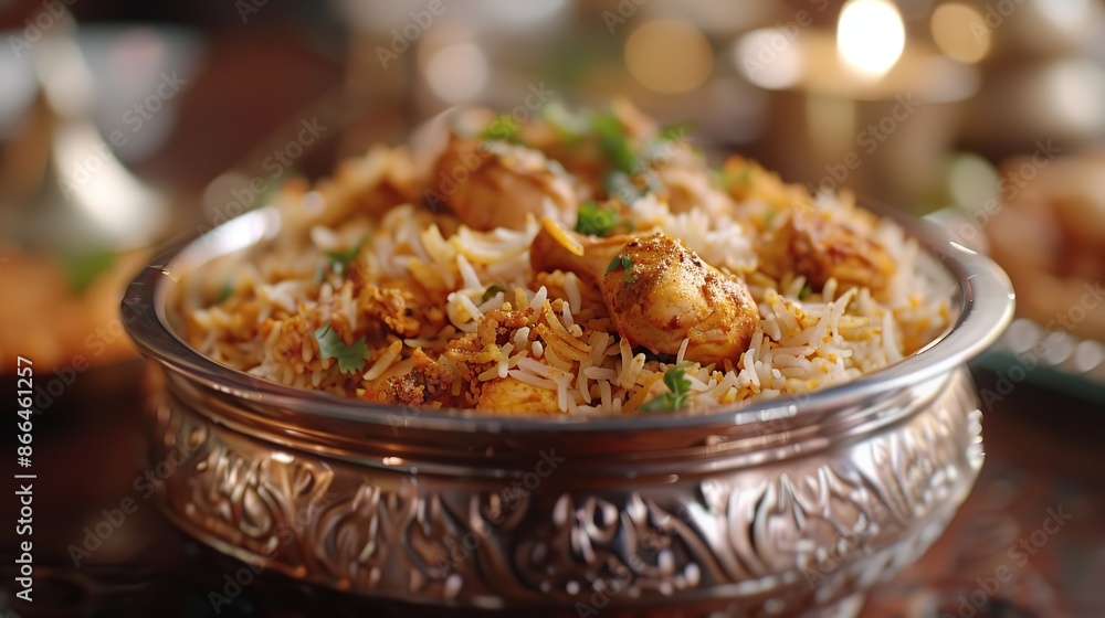Spicy chicken biryani cuisine in a shiny sliver Spicy chicken biryani cuisine in a shiny sliver