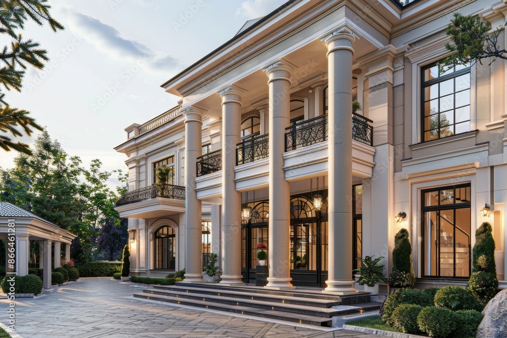 A grand white mansion with a columned entrance, steps, and lush landscaping A grand white mansion with a columned entrance, steps, and lush landscaping