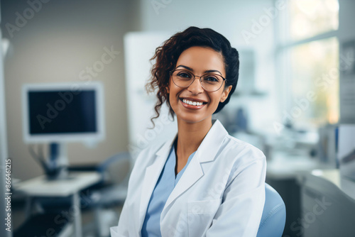 Confident female doctor in white coat with stethoscope, smiling. © Klemenso