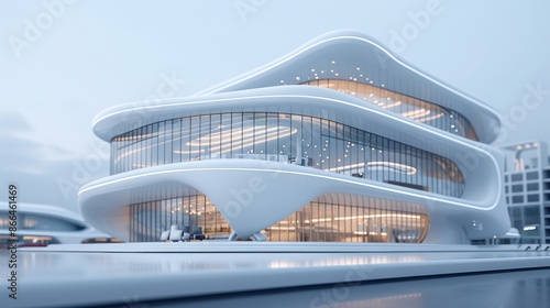 A white building with a curved design and lots of windows photo