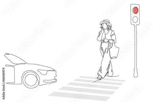 Woman crossing street with red light on at traffic light. Car approaching. Single black line drawing isolated on white background. Line art vector.