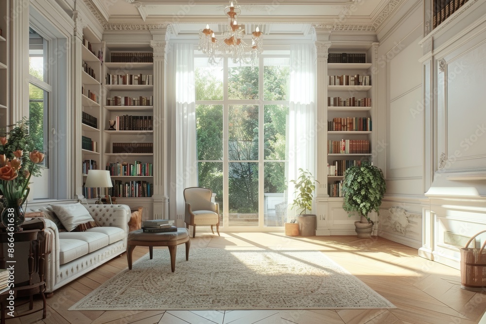 Fototapeta premium Large elegant library with big windows, bookshelves and white couch