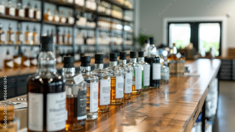 A wide-angle shot of a tasting room with various vodka bottles and glassware on display A wide-angle shot of a tasting room with various vodka bottles and glassware on display