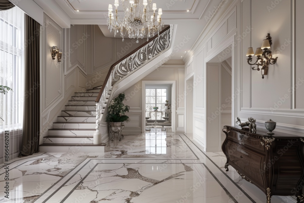 Fototapeta premium A spacious interior featuring a white marble staircase with ornate railings
