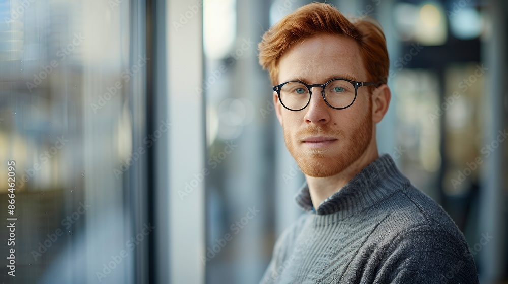 Fototapeta premium Portrait of a handsome red-haired man in glasses with a smart casual outfit looking at the camera while standing against a glass window, with clear facial features and sharp focus, a highly detailed p