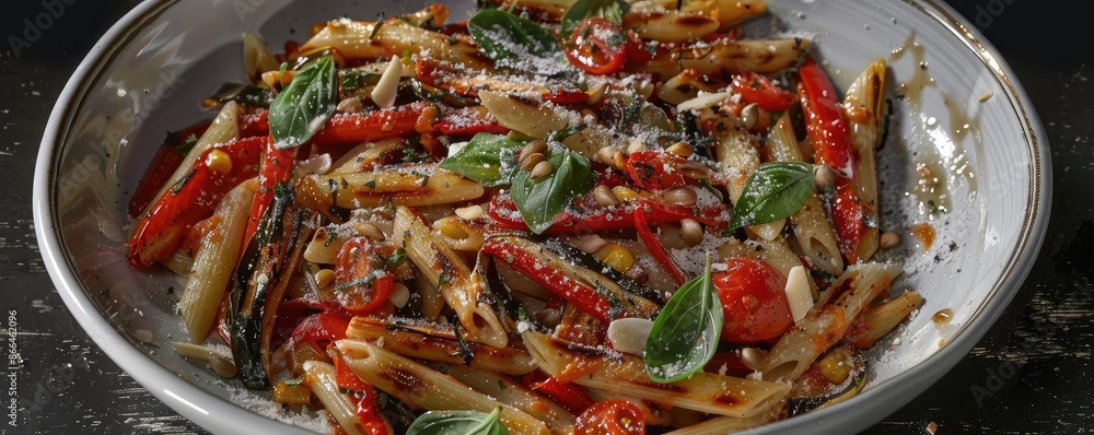 A delicious plate of penne pasta with roasted red peppers, sprinkled with basil and parmesan cheese, served in a rustic bowl. A delicious plate of penne pasta with roasted red peppers, sprinkled with basil and parmesan cheese, served in a rustic bowl.