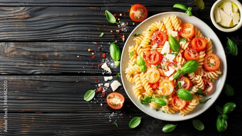 Delicious Italian pasta salad with cherry tomatoes, fresh basil, and feta cheese on a rustic wooden table. Simple and healthy dish.