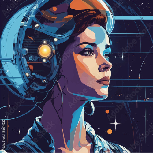 A female astronaut in a space helmet looks thoughtfully into the distance. Cybernetic device, cyborg. Poster. EPS version.