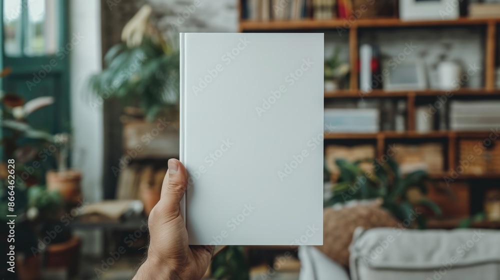 Closeup man hand holding a blank book mockup in the modern room with house plants Closeup man hand holding a blank book mockup in the modern room with house plants