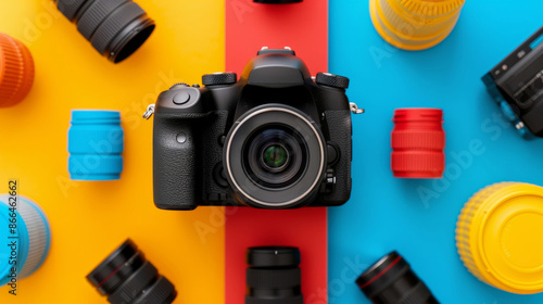 ''camera surrounded by photography accessories, lenses, tripod, memory cards, creative arrangement, colorful background'' 