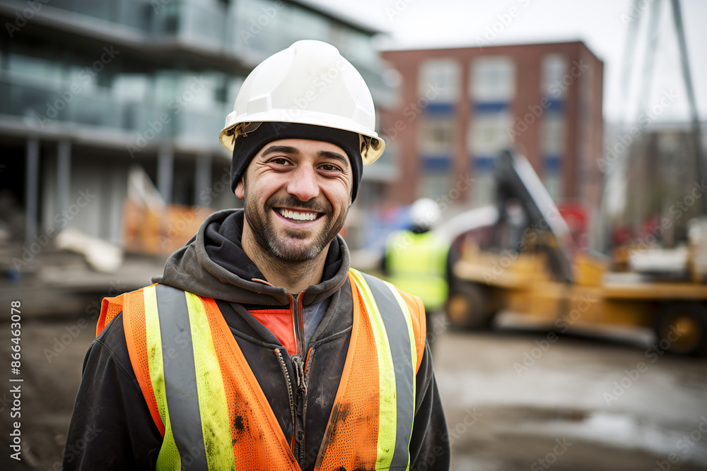 Safety-equipped worker at a sunny construction site, with wood framing and a residential backdrop. Safety-equipped worker at a sunny construction site, with wood framing and a residential backdrop.