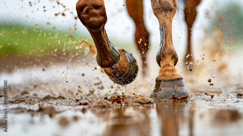 ''close-up of a horse's hooves splashing through water during an eventing competition, dynamic movement''  photo