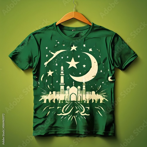 14 august Pakistan independence day written on t shirt design hanging  photo