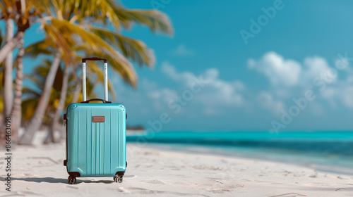 Turquoise suitcase on tropical beach with palm trees