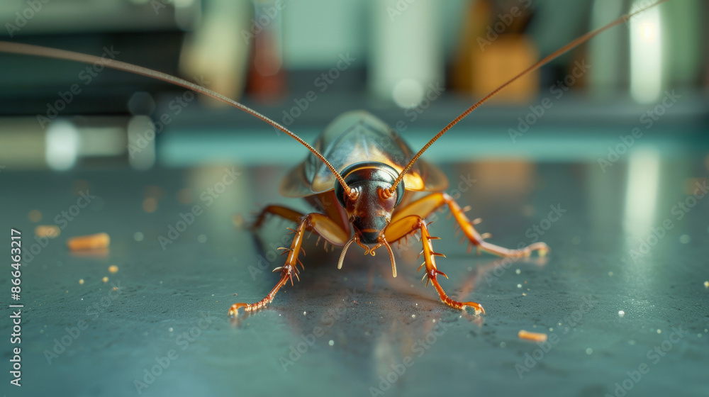 Closeup of a cockroach crawling on a kitchen counter near dirty dishes and crumbs Closeup of a cockroach crawling on a kitchen counter near dirty dishes and crumbs