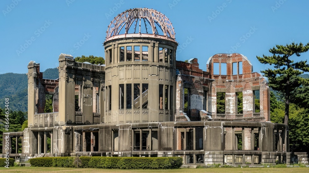 Fototapeta premium Historical ruins of a building with a dome in Hiroshima under clear blue sky, symbolizing peace and resilience.