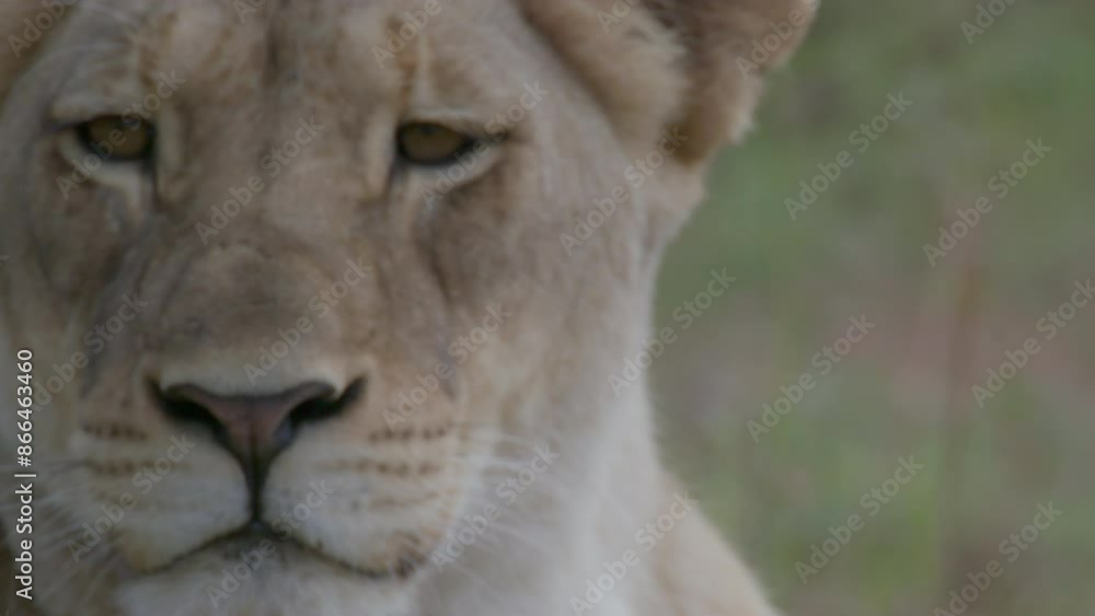 Extreme Close Up of Lion Face Staring Directly at Camera Then Turns to Look Off Camera