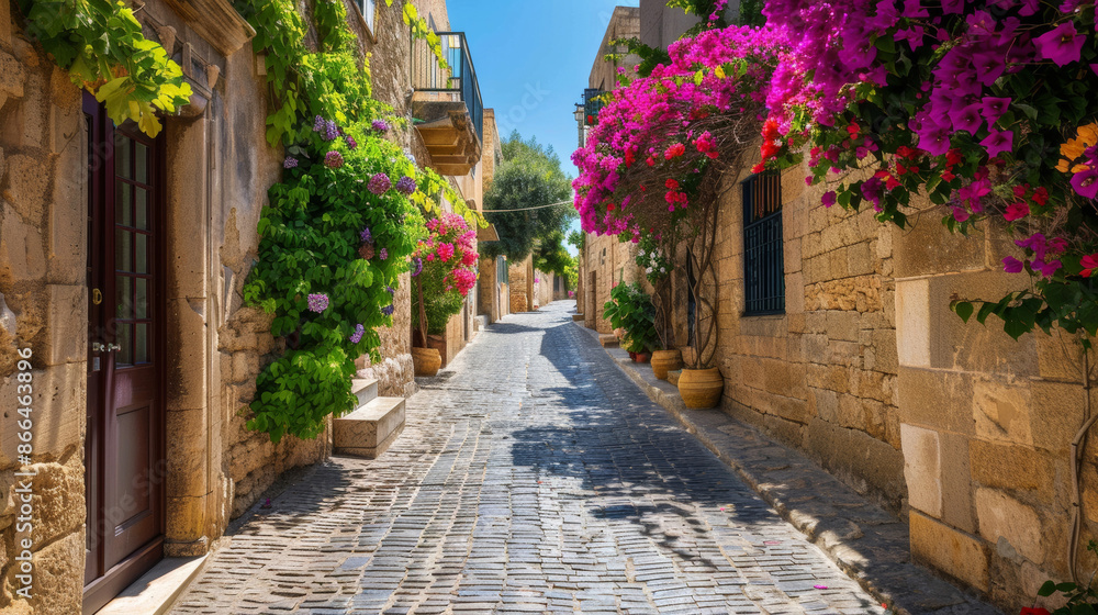 Naklejka premium ''cobblestone alley in Rhodes Old Town, ivy-covered buildings, colorful flowers, charming and quaint, historical atmosphere'' 