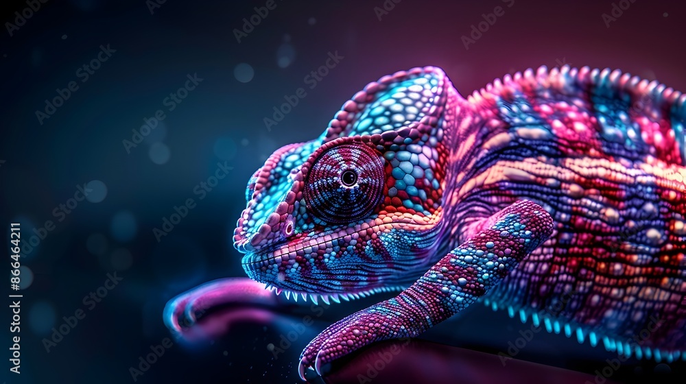 Mesmerizing Neon Chameleon with Shifting Prismatic Glow on Dark Background Mesmerizing Neon Chameleon with Shifting Prismatic Glow on Dark Background