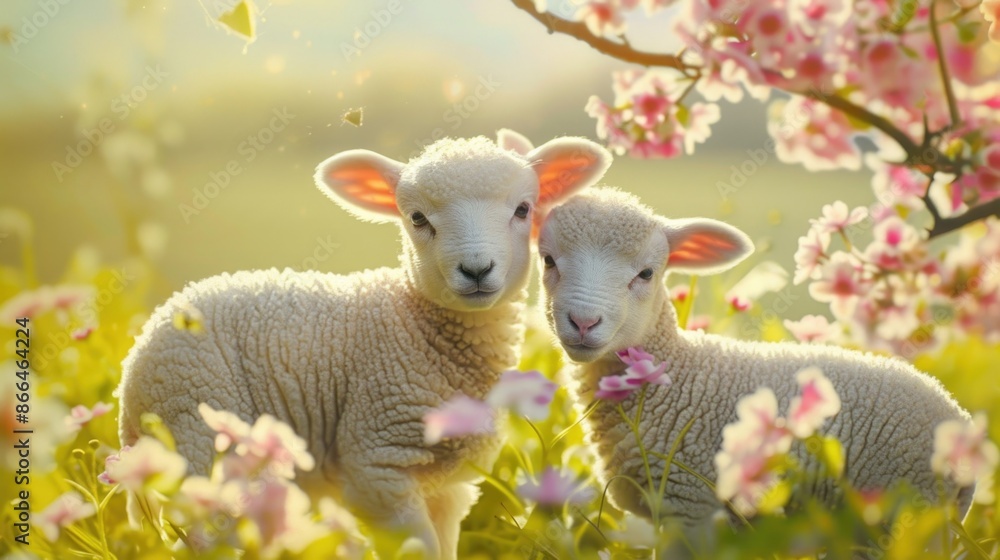Two cute little lambs on a spring meadow with blooming flowers. Two cute little lambs on a spring meadow with blooming flowers.
