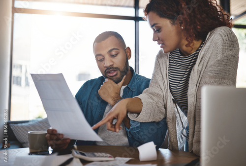 Slika na platnu Conversation, financial budget or couple with paperwork, taxes documents or investment savings review