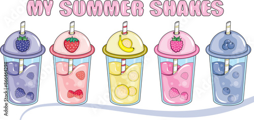 Set of fruit and berry shakes. Set of summer drinks