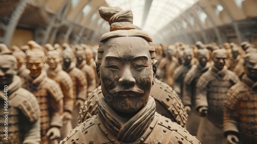 Terracotta army soldiers in close-up, highlighting intricate details of ancient statues lined up in archaeological site.