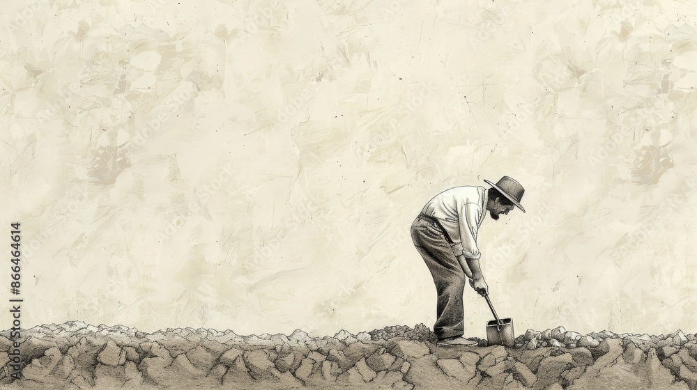 Illustration of Hidden Treasure Parable: Man Joyfully Selling All to Buy Field, Beige Background, Biblical Depiction Illustration of Hidden Treasure Parable: Man Joyfully Selling All to Buy Field, Beige Background, Biblical Depiction