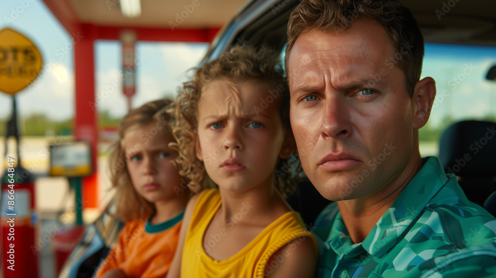 ''family stuck at a gas station with no petrol available, sign showing 'Out of Fuel,' parents looking stressed, kids in the backseat'' ''family stuck at a gas station with no petrol available, sign showing 'Out of Fuel,' parents looking stressed, kids in the backseat''