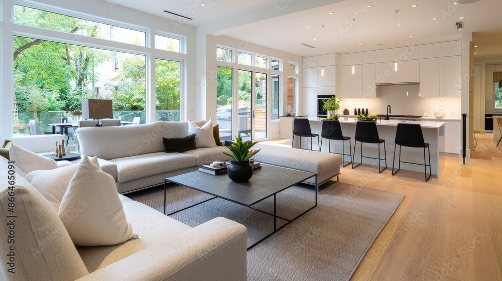 Fototapeta premium ''home renovation reveal, finished living room with modern decor, bright and spacious, elegant and cozy atmosphere''