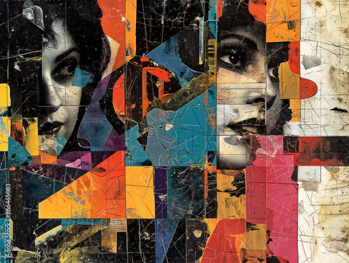 A colorful collage of faces with a woman's face in the center. The faces are cut out of different colored papers and arranged in a way that creates a sense of depth and dimension photo