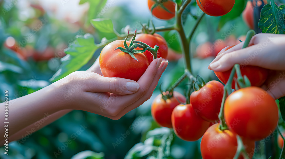 Side view of a woman's Hands in close-up Harvesting tomatoes in a greenhouse, a scene with plants, plum tomatoes, natural bush tomatoes, ingredients. Side view of a woman's Hands in close-up Harvesting tomatoes in a greenhouse, a scene with plants, plum tomatoes, natural bush tomatoes, ingredients.