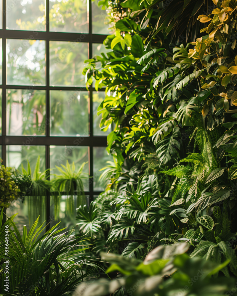 A high-quality photograph of a modern living room featuring a lush green wall filled with various plants, creating a refreshing indoor garden. A high-quality photograph of a modern living room featuring a lush green wall filled with various plants, creating a refreshing indoor garden.