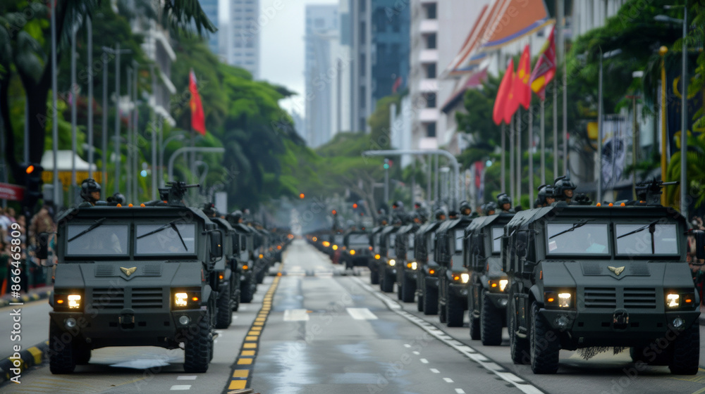 Obraz premium ''military parade during Singapore's National Day, soldiers marching in uniform, tanks and military vehicles, patriotic display'' 