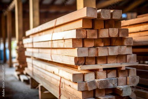 Neatly stacked wooden planks in a lumber warehouse, prepared for construction or woodworking projects. © Klemenso