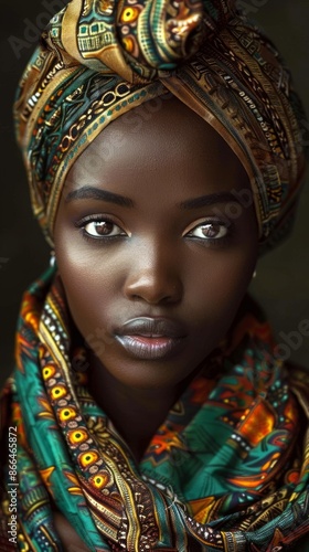 Nigerian woman with a colorful scarf, looking elegant