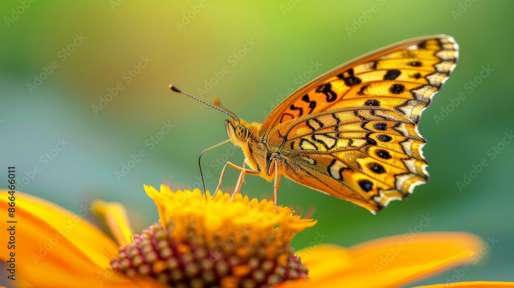 Obraz premium ''nature photographer capturing a macro shot of a butterfly on a flower, vivid details, vibrant and natural colors'' 