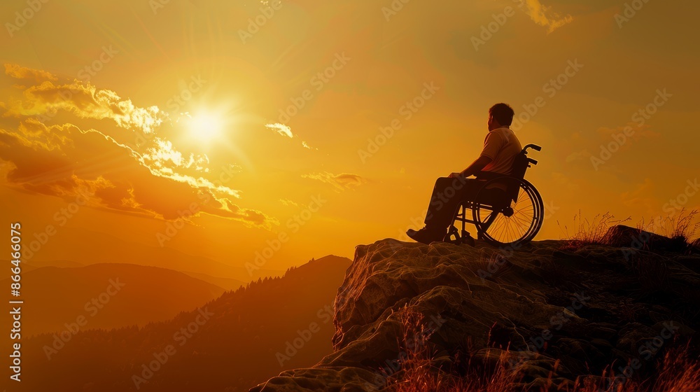 Fototapeta premium Pinnacle of perseverance man in wheelchair reflecting on sunset from mountain summit
