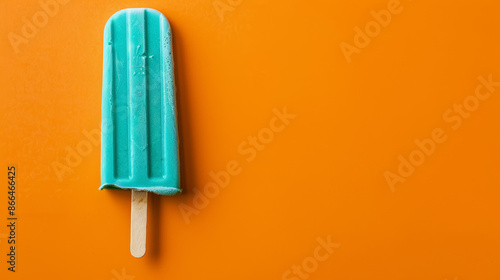 popsicle in shades of blue and green isolated on a vibrant, contrasting orange background, with icy texture details 