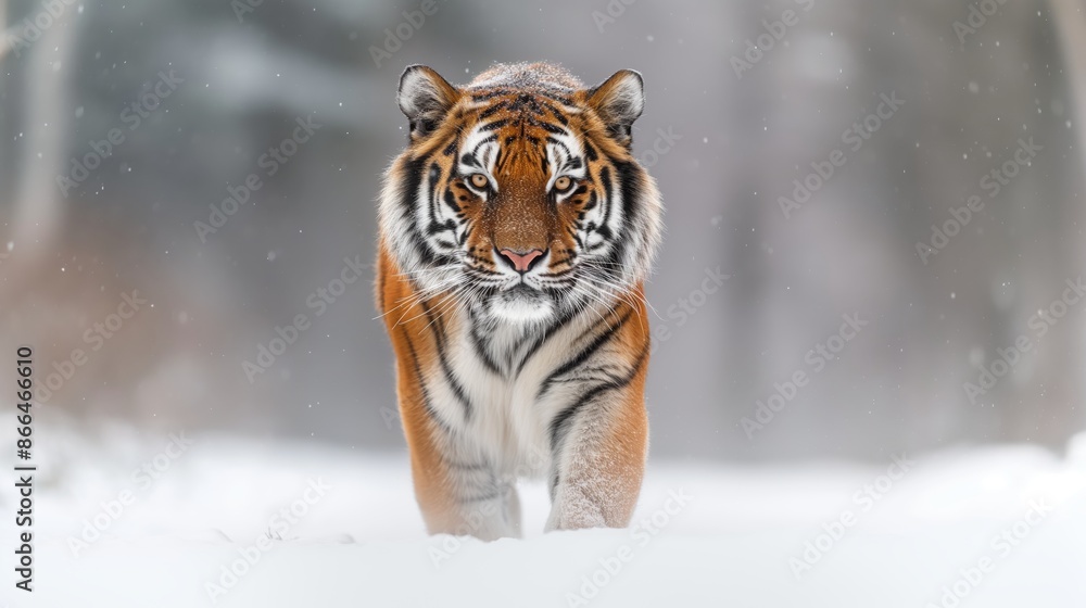 Obraz premium Powerful Tiger Walking Through Snow in Wintery Forest Landscape