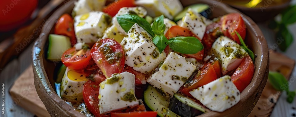 A fresh Greek salad with tomatoes, cucumbers, feta cheese, olives, and herbs, perfect for a healthy meal. A fresh Greek salad with tomatoes, cucumbers, feta cheese, olives, and herbs, perfect for a healthy meal.