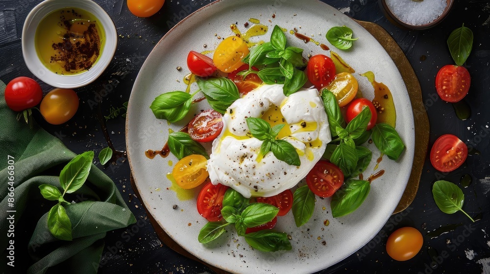 Fresh caprese salad with mozzarella, cherry tomatoes, basil leaves, and balsamic dressing on a dark background. Delicious and healthy. Fresh caprese salad with mozzarella, cherry tomatoes, basil leaves, and balsamic dressing on a dark background. Delicious and healthy.