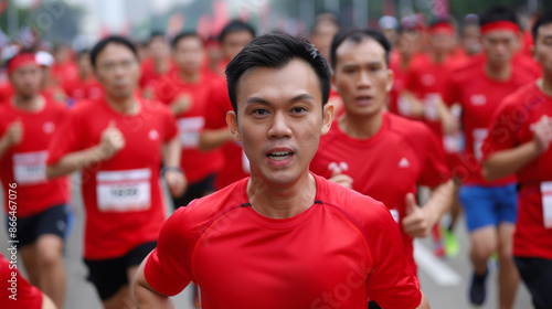 ''Singaporeans of all ages participating in a National Day fun run, wearing red and white, unity and joy, scenic route'' 