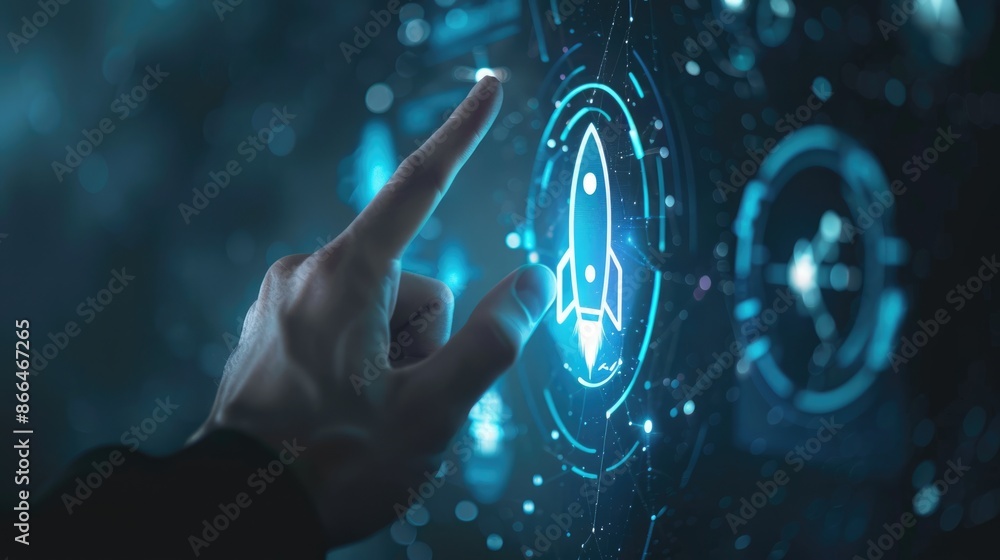 Hand Touching a Rocket Icon on a Futuristic Interface Hand Touching a Rocket Icon on a Futuristic Interface