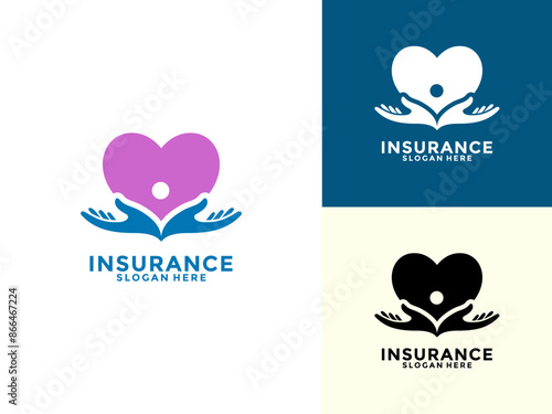 Life insurance Logo Design Vector, Care And Protection Insurance with Heart Shape Logo Icon Template