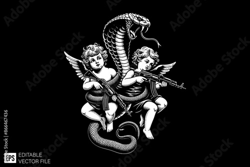 Illustration of Cupid and snake for graphic tee design vector