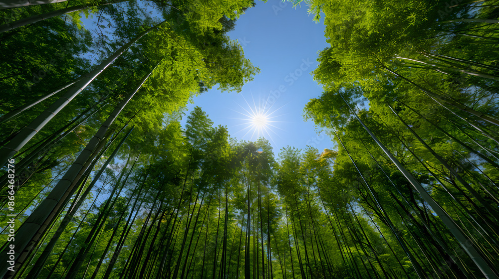 Sunlit bamboo forest canopy with blue sky Sunlit bamboo forest canopy with blue sky